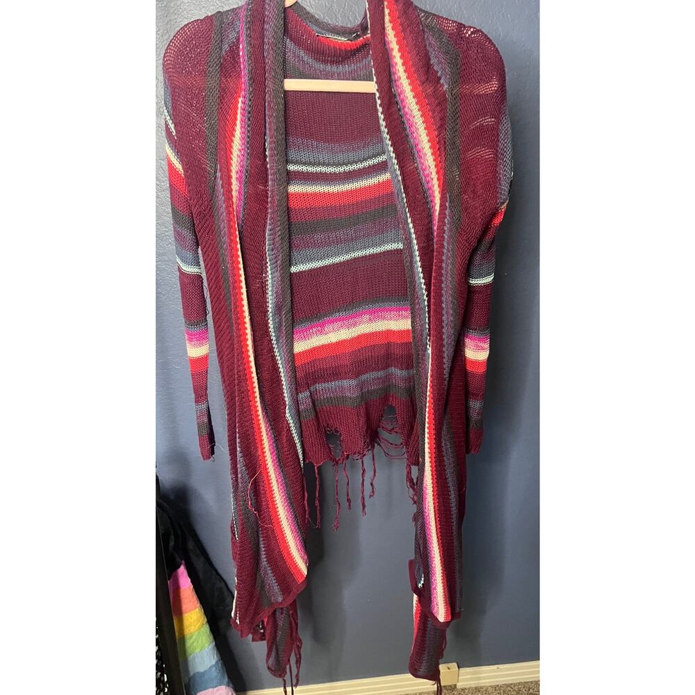 Billabong Striped Open Knit Cardigan Fringe Hem Boho Coverup Asymmetrical Large - Picture 2 of 5